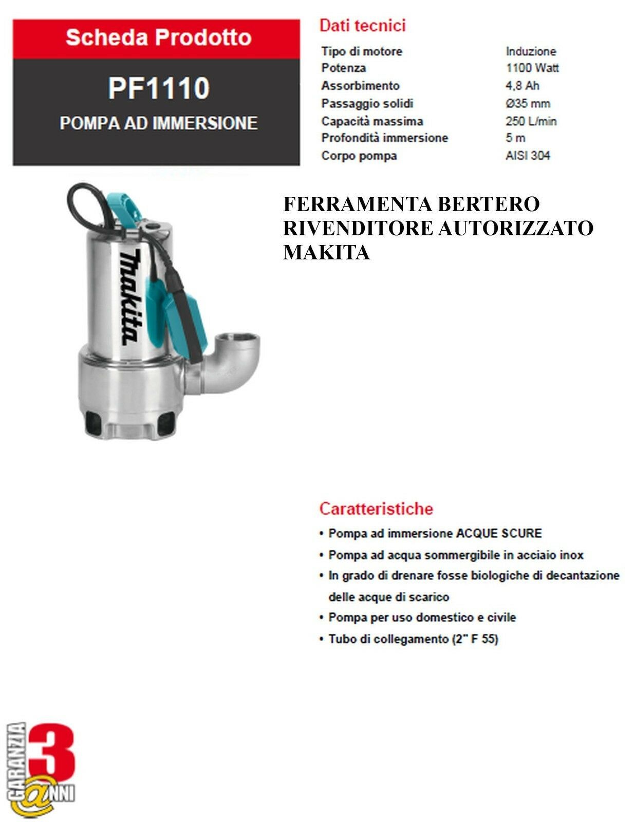 POMA ELETTROPOMPA IMMERSIONE SOMMERSA MAKITA per acque sporche 1100 watt INOX