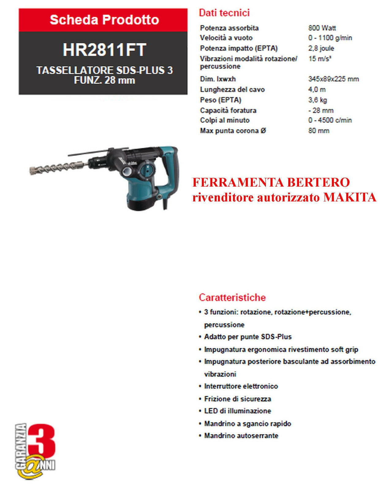 TRAPANO TASSELLATORE SCALPELLATORE 3 FUNZIONI MAKITA HR2811FT + Mandrino omaggio